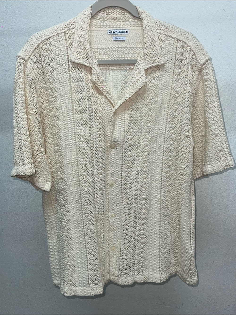 Zara Cream Open-Weave Short Sleeve Summer Button-Down Shirt